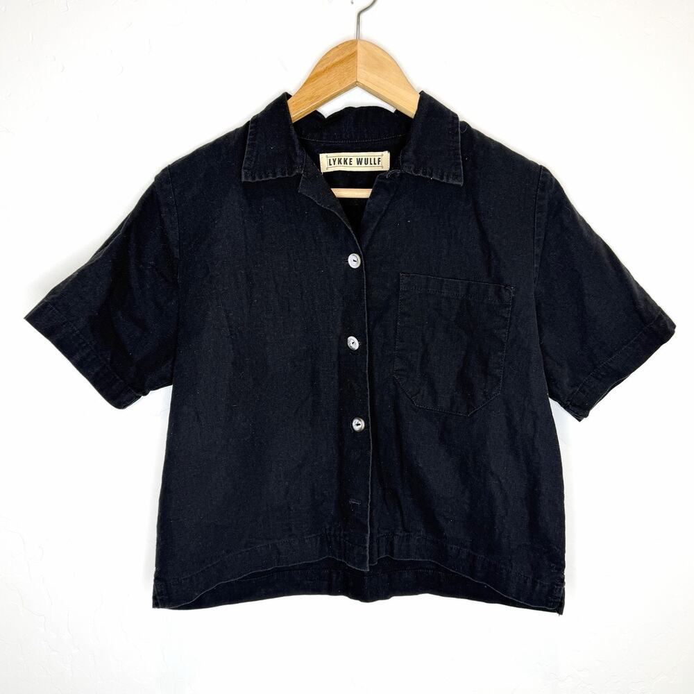 Lykke Wullf Boxy Crop Button Up Top Womens XS Black Linen Blend